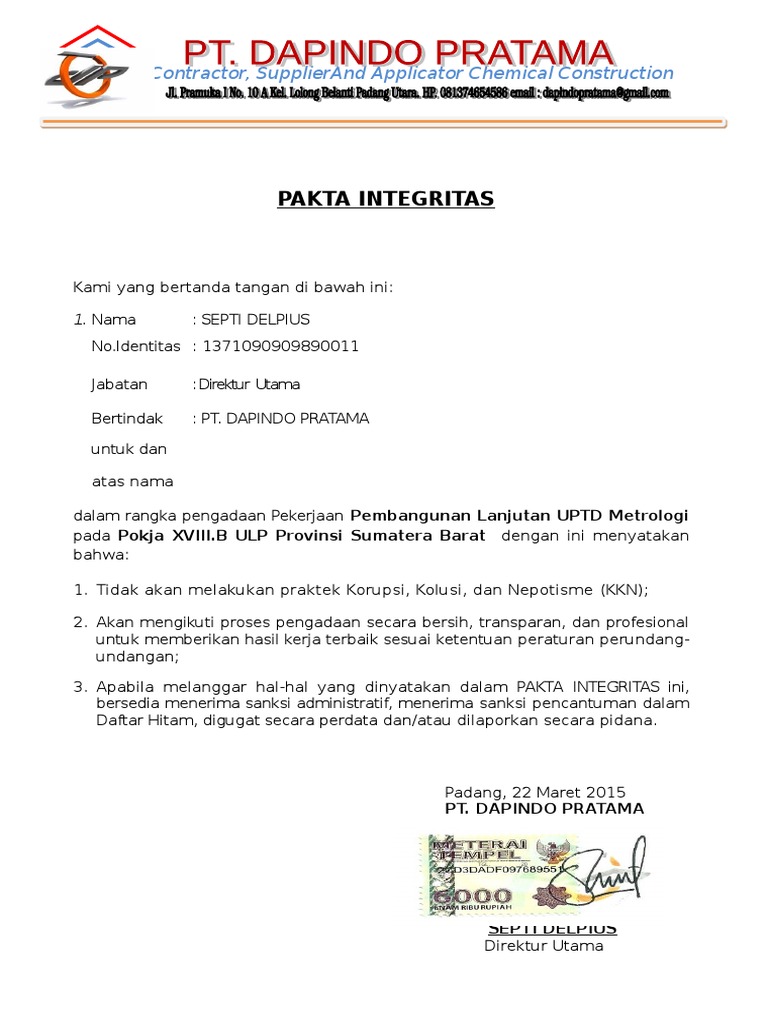 Contoh Pakta Integritas Konstruksi | PDF | Hukum