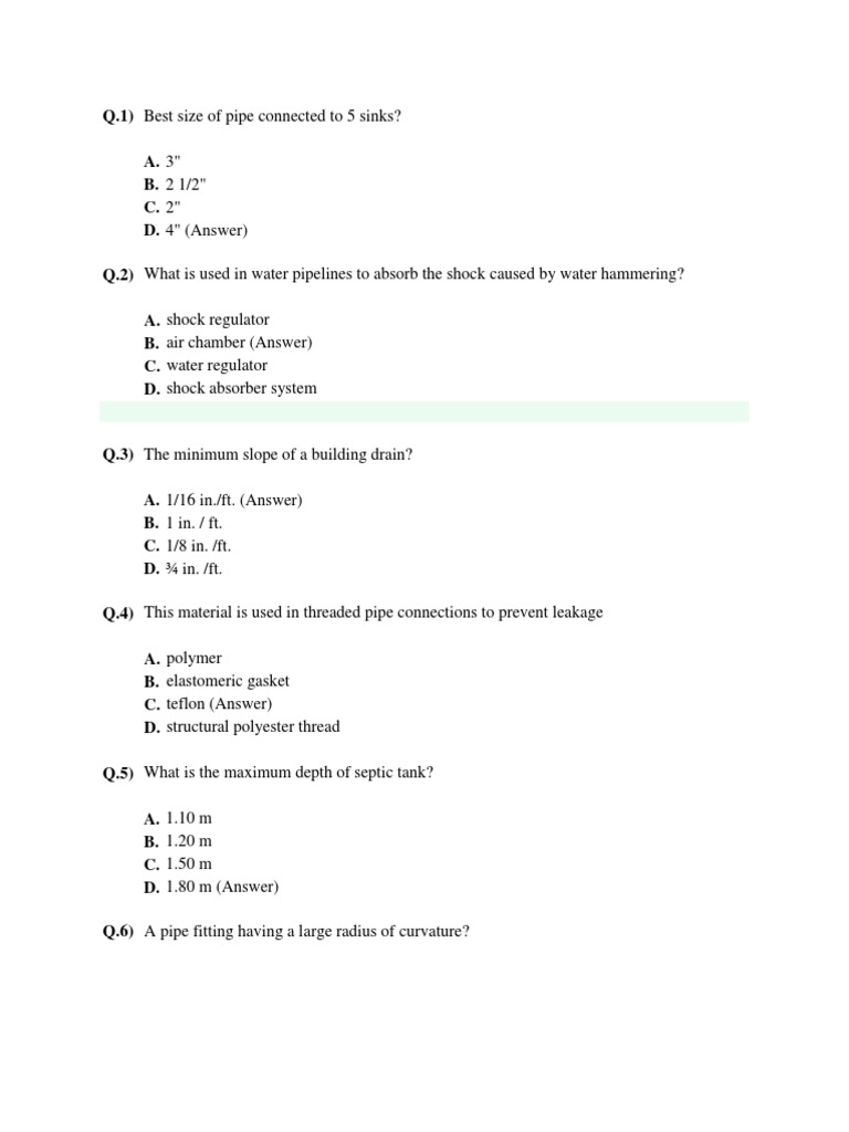 National Plumbing Code Exam Plumbing Pipe (Fluid Conveyance)