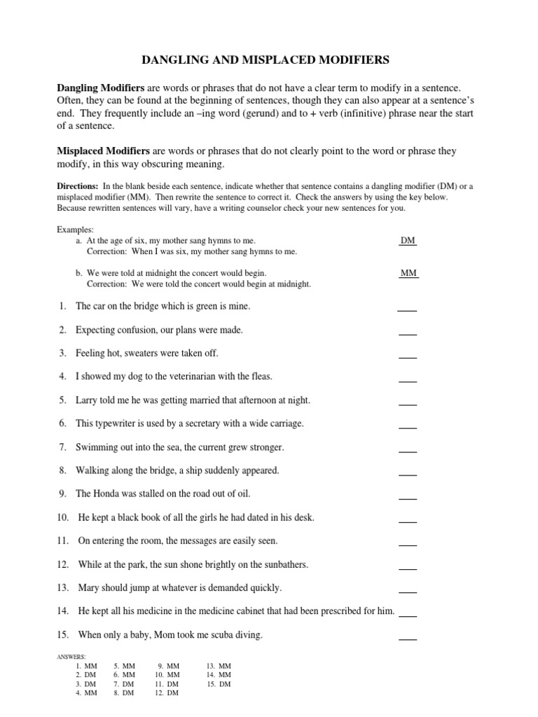 Worksheets Misplaced Modifiers Worksheet worksheets dangling modifier worksheet atidentity com free misplaced modifiers luizah and self test for sentence linguistics
