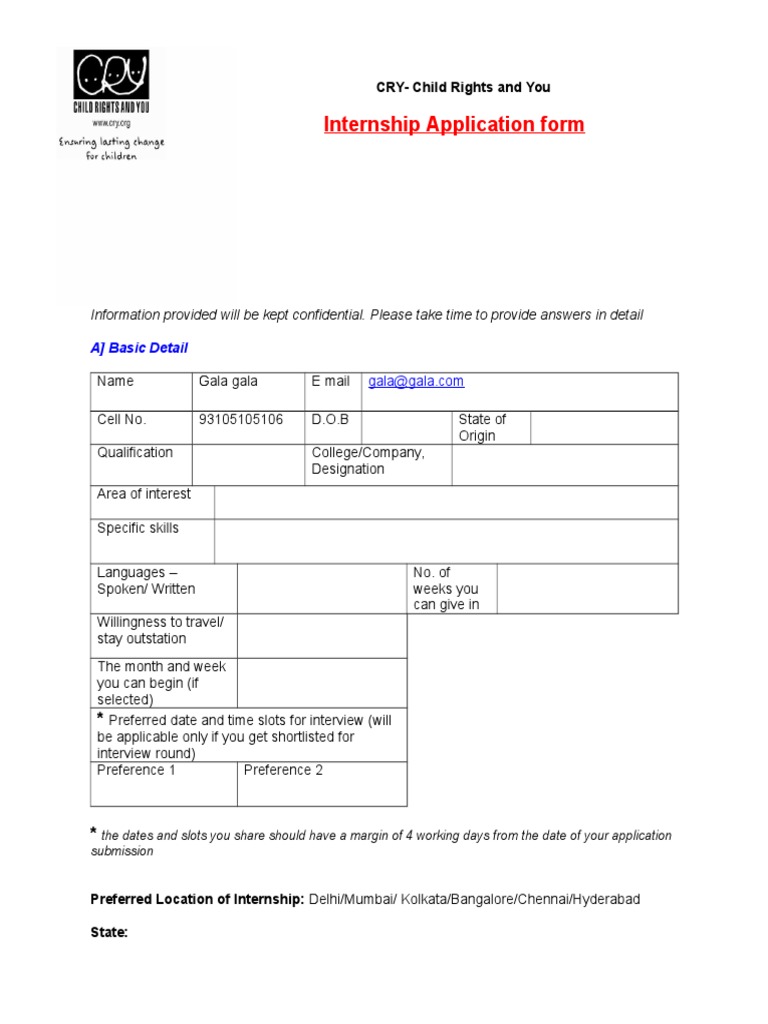 CRY Internshjhkhjip Application Form | PDF