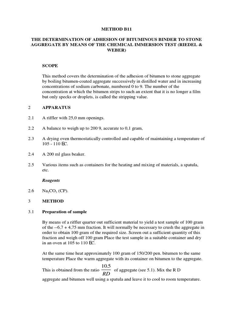 Bitumen Adhesion Test Method B11 | PDF | Asphalt | Sodium Carbonate