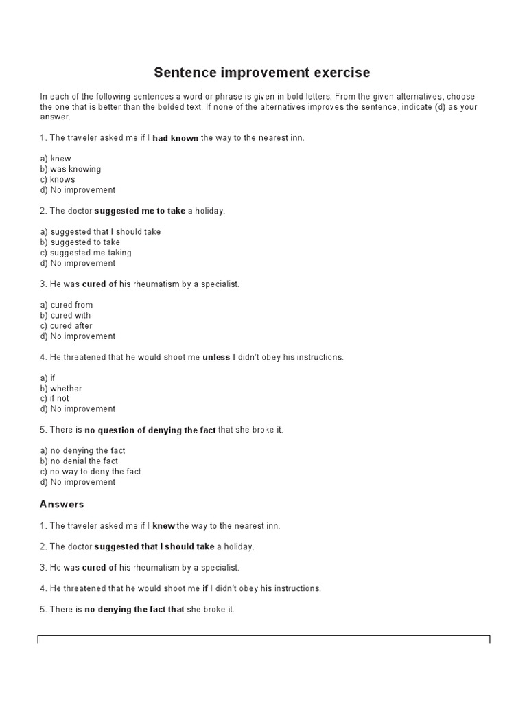 Sentence Improvement Exercise Answers | PDF