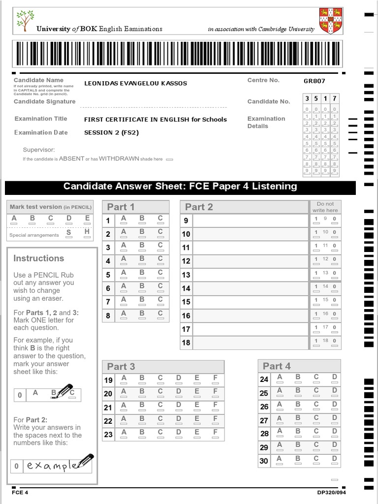FCE Listening Answer Sheet Template | PDF