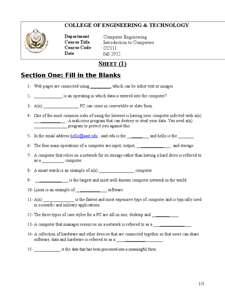 Introduction to Computers Course Overview and Practice Questions PDF Computer Hardware