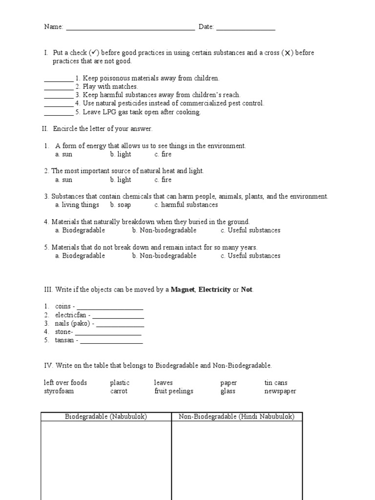 Biodegradable vs Non-Biodegradable Worksheet | PDF | Biodegradation | Force