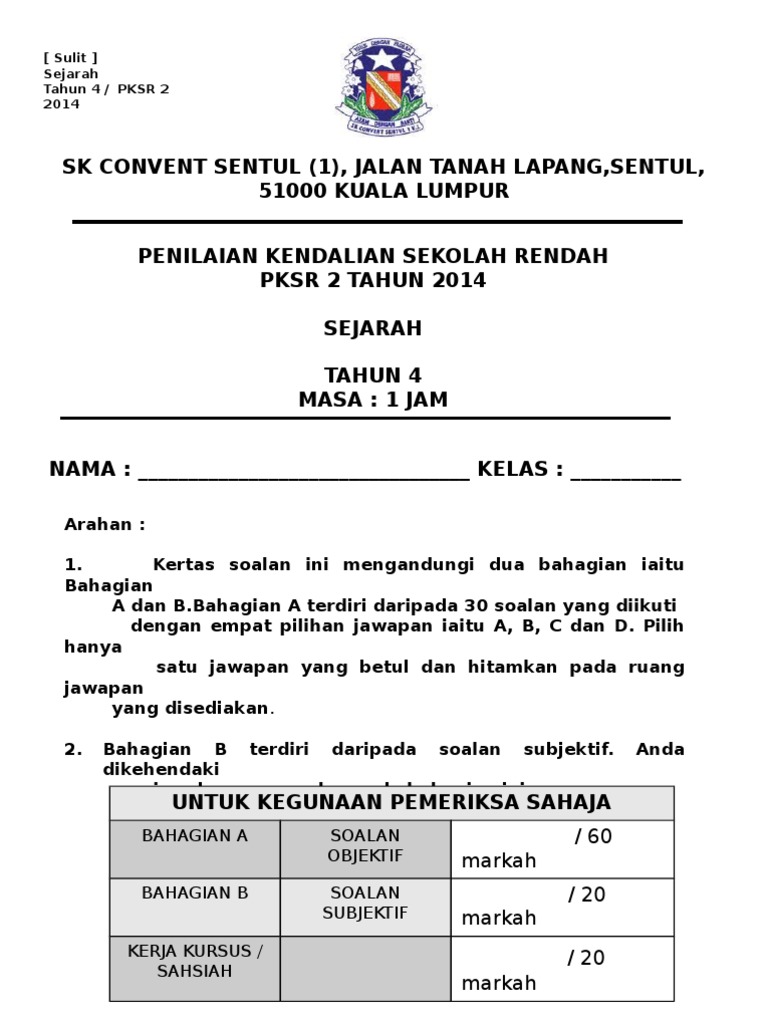Soalan Sejarah tahun 4 pksr 2