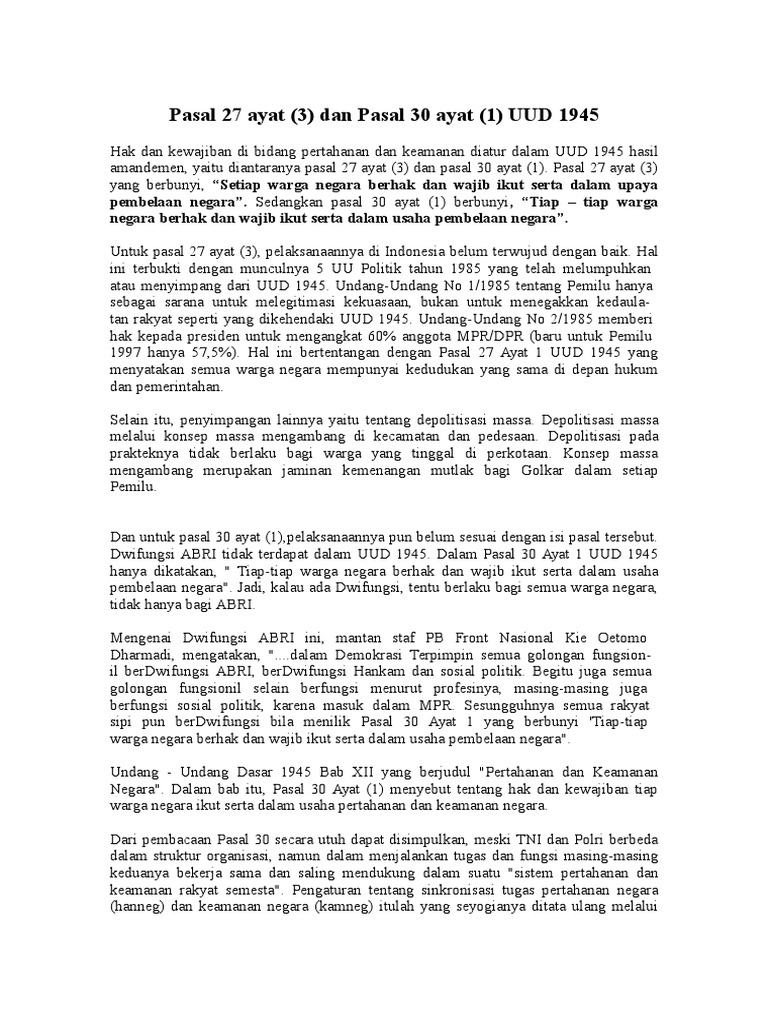Pasal 27 Ayat 3 Dan Pasal 30 Ayat 1 Uud 1945