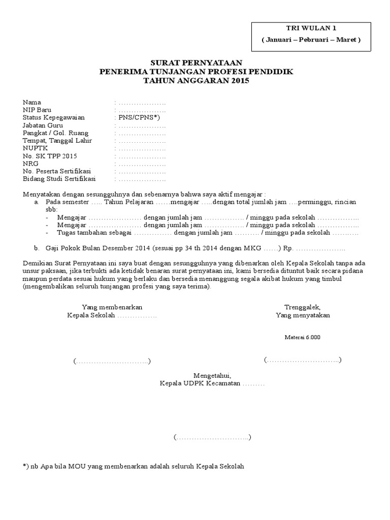 Surat Pernyataan Penerima Tunjangan Profesi Pendidik Tahun Anggaran 2015