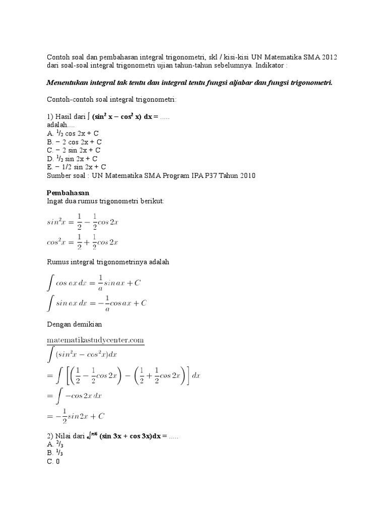 Contoh Soal: Soal Matematika Integral Kelas 12 Ips Semester 1 Dan