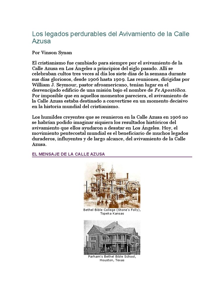 Avivamiento de La Calle Azusa PDF Pentecostalismo Religiones mediterráneas antiguas