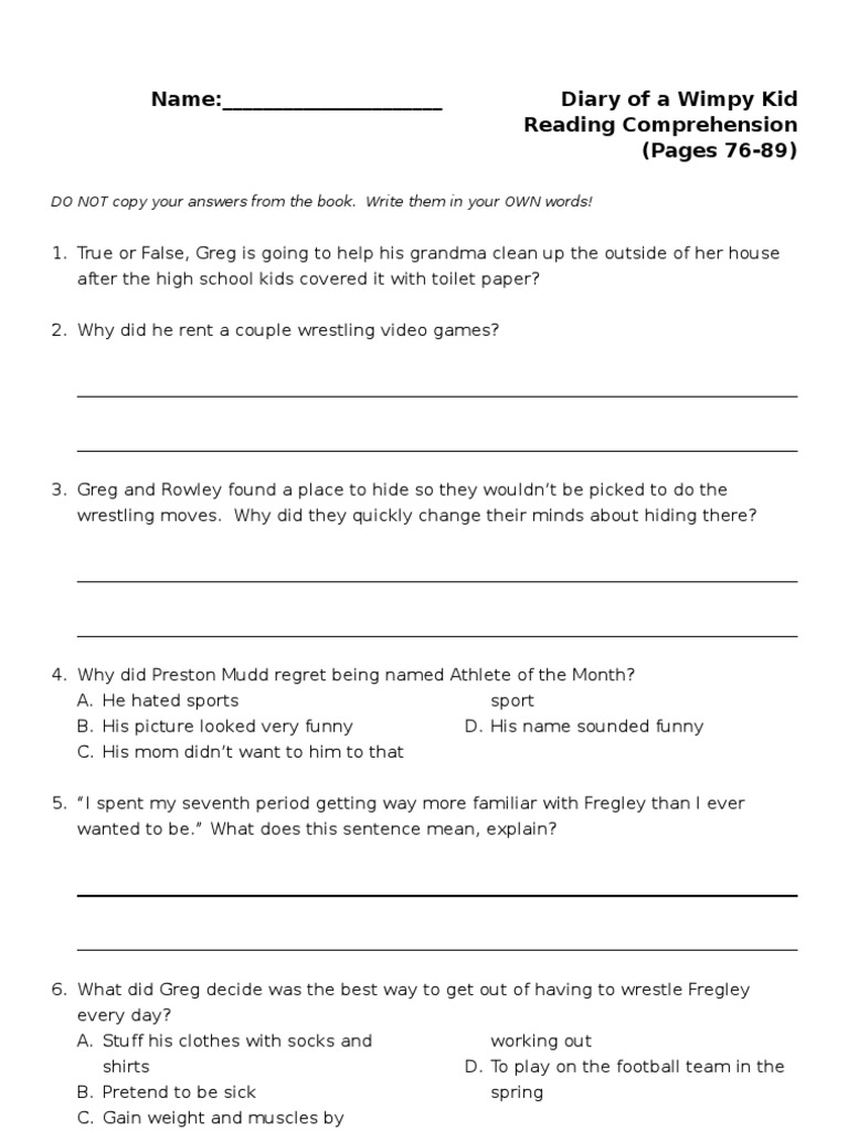 Diary of A Wimpy Kid (Book 1) ReadComp p.76-89 | PDF