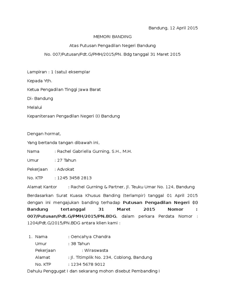 Contoh Surat Permohonan Banding Perkara Perdata Surat - vrogue.co
