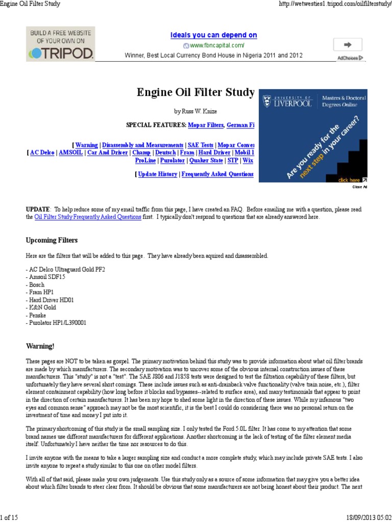 Engine Oil Filter Study PDF Valve Cartridge (Firearms)