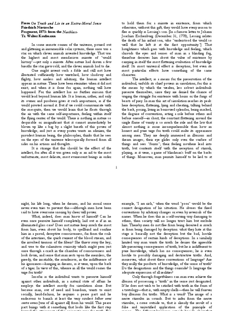 Nietzsche On Truth and Lie in An ExtraMoral Sense (Excerpt) PDF Lie Truth