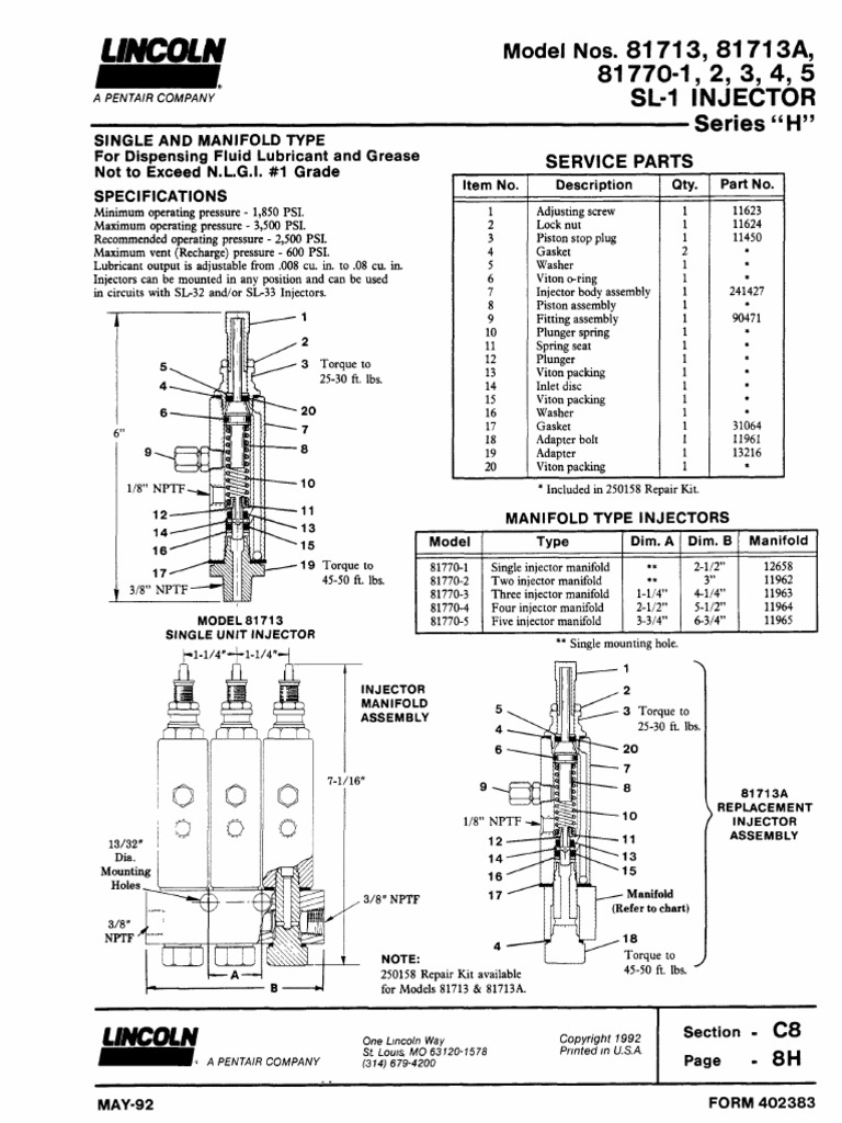 Lincoln: 81713, 81713A, 81770-1, 2, 3, 4, 5 Sl-I Injector Series ...