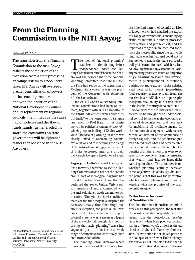 From The Planning Commission To The NITI Aayog Download Free PDF Neoliberalism