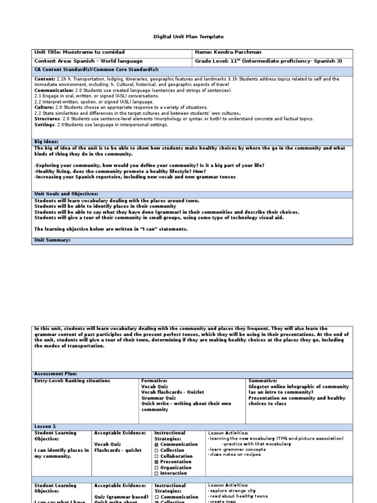 Spanish Community Unit Plan Template | PDF | American Sign Language ...