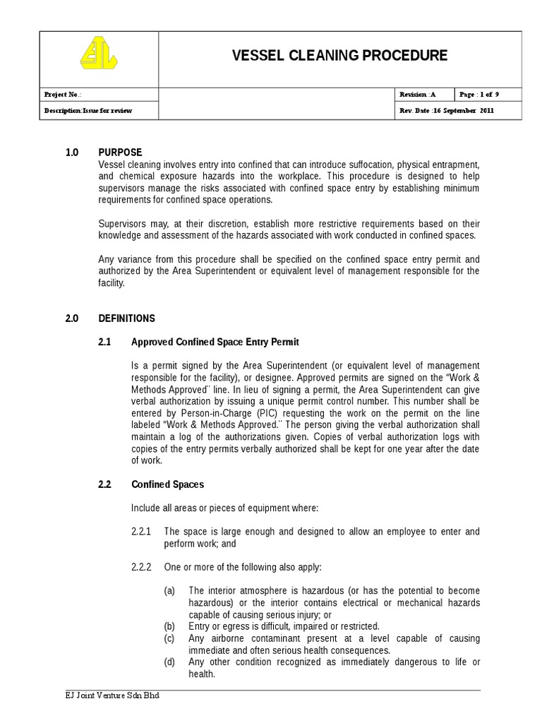 Vessel Cleaning Procedure PDF Gases Chemistry