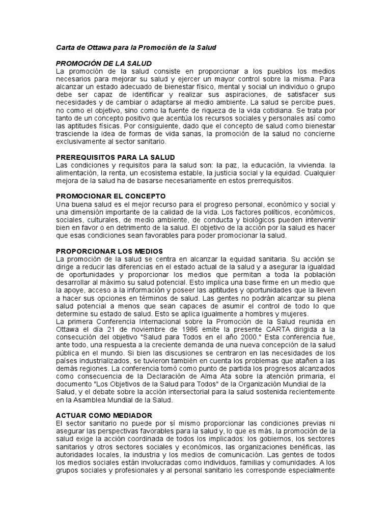 Carta de Ottawa Para La Promoción de La Salud  Promoción 
