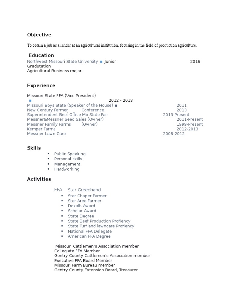 Agricultural Lender Resume Overview | PDF | Sports & Recreation
