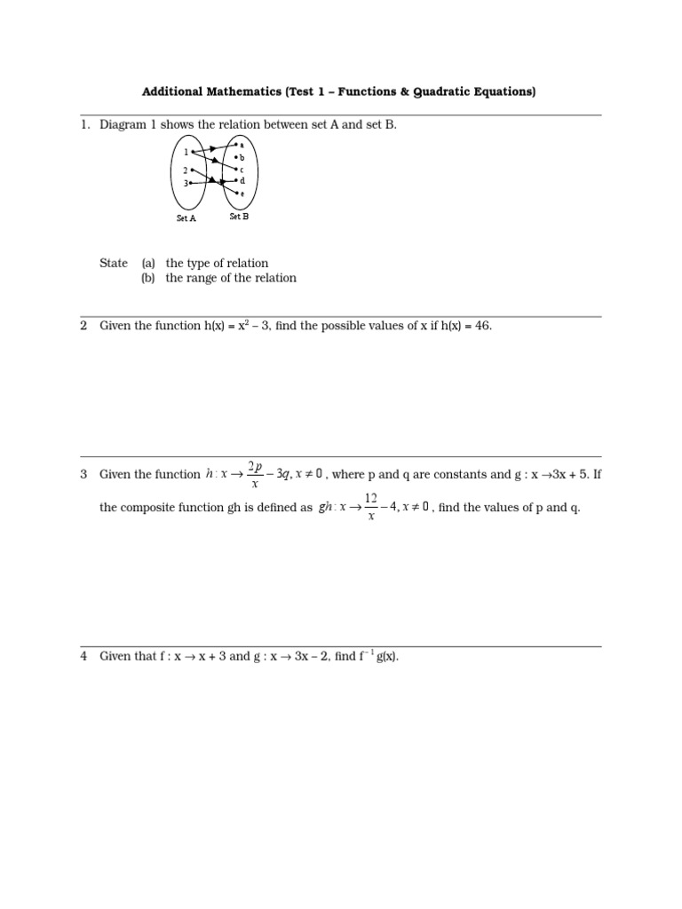 Additional Mathematics (Test 1 - Functions & Quadratic Equations) | PDF ...