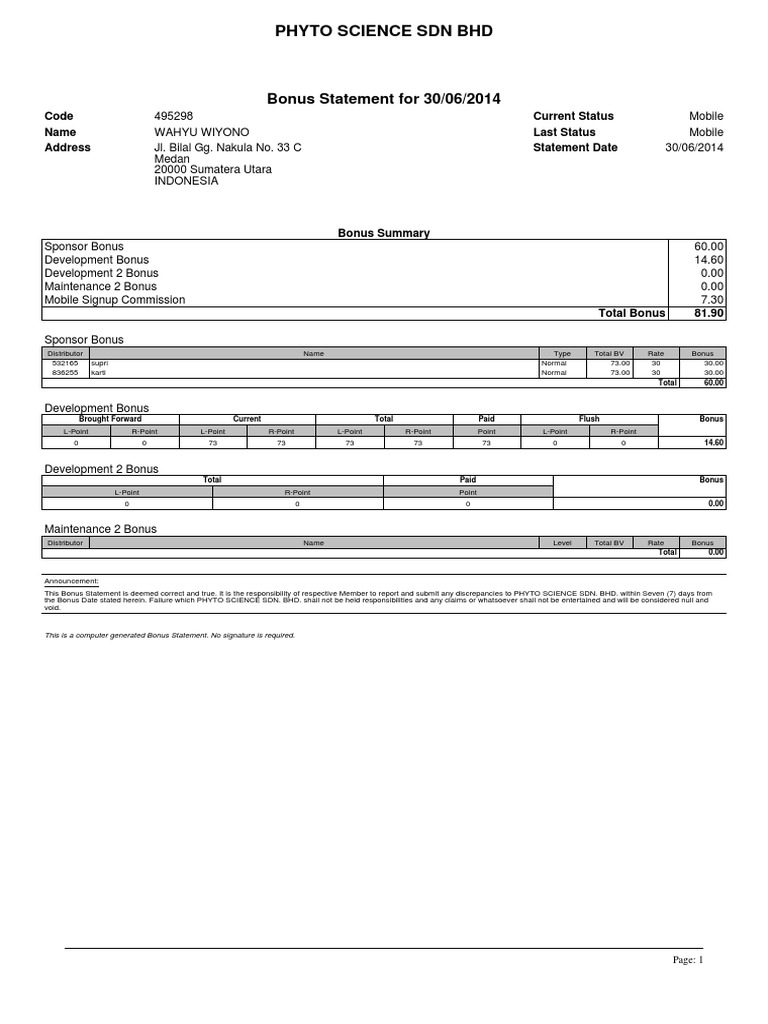 Phyto Science Bonus Statement Summary | PDF | Career & Growth | Finance ...