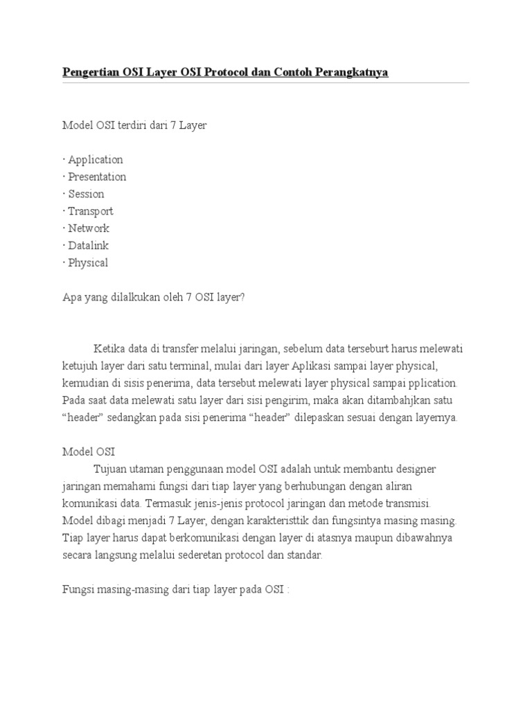 Pengertian Osi Layer Osi Protocol Dan Contoh Perangkatnya Pdf