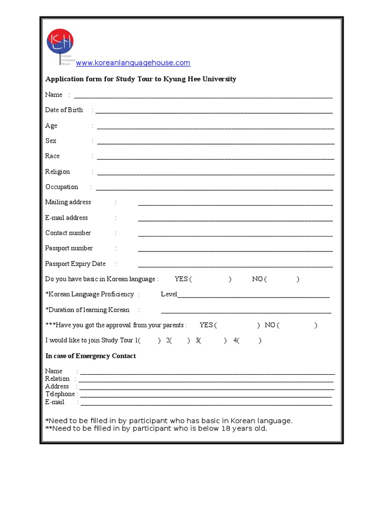Application Form For Study Tour To Kyung Hee University: in Case of ...