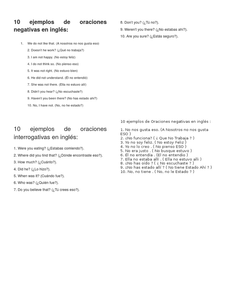 10 Ejemplos De Oraciones Negativas En Inglés