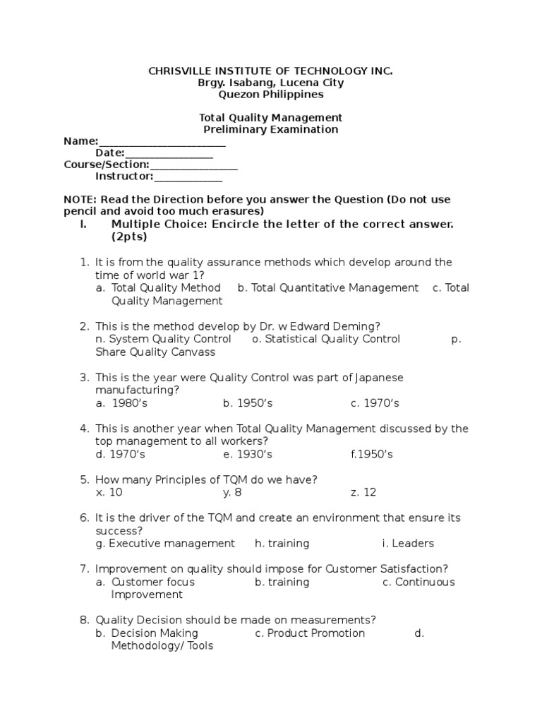 Total Quality Management Exam.prelim Quality Management Quality (Business)