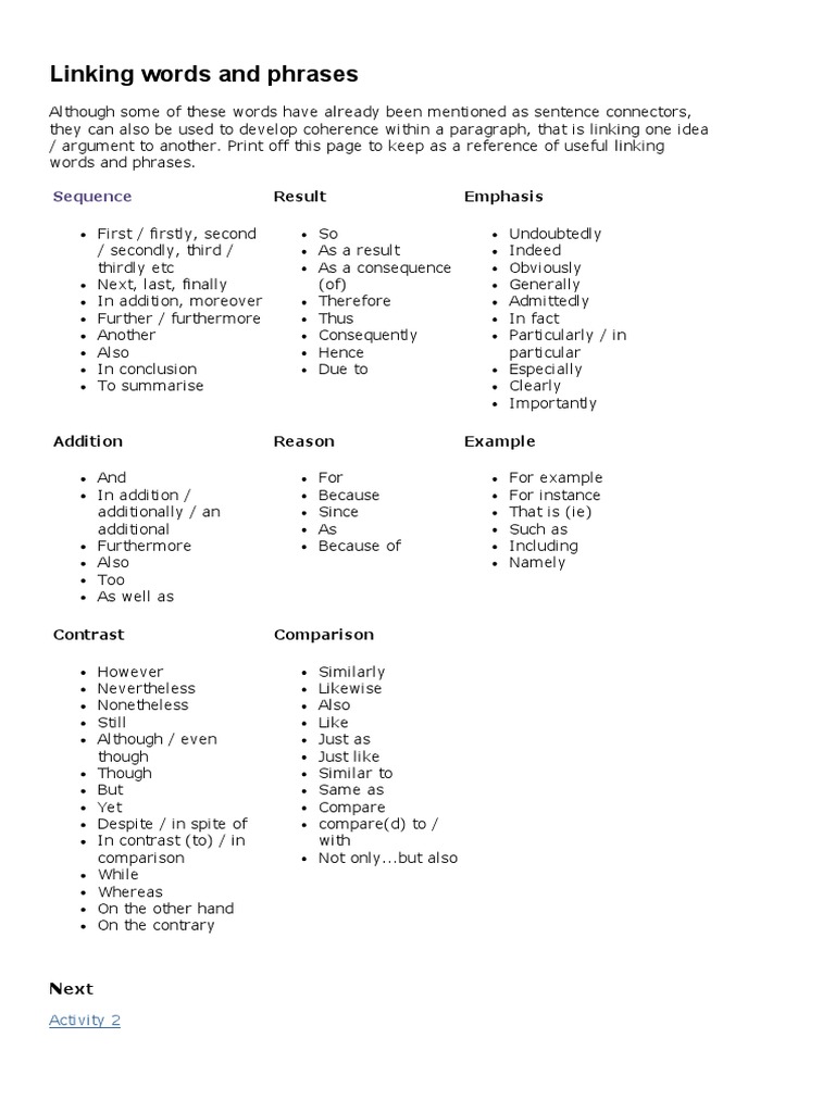 Linking Words - Linking Words and Phrases | PDF