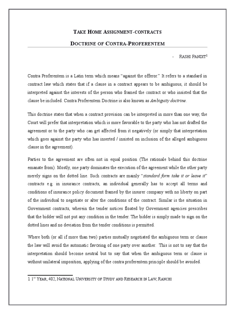Doctrine of contra proferentem Offer And Acceptance Private Law