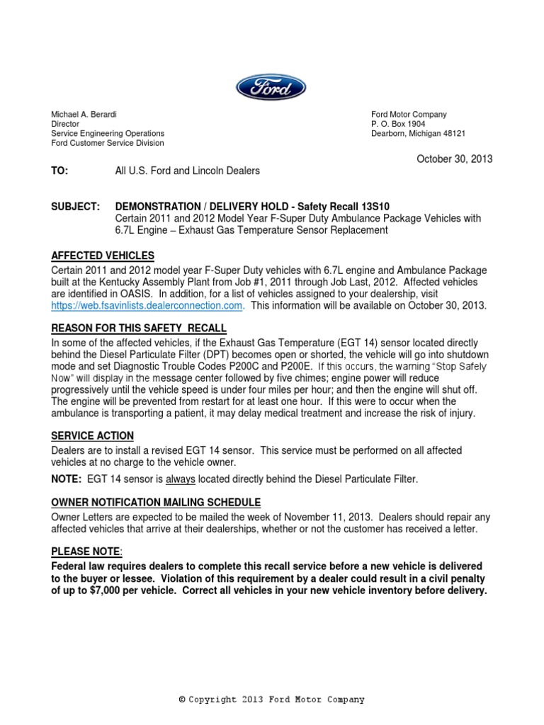 Ford Safety Recall 13s10 Vehicles Ford Motor Company