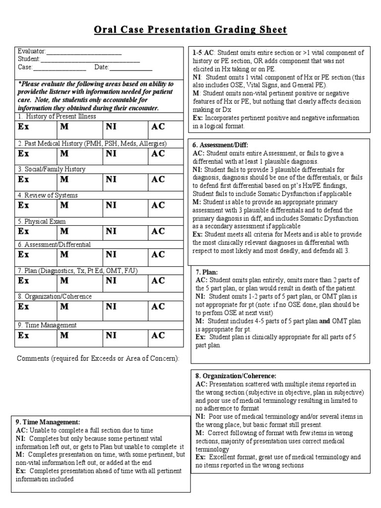 Oral Presentation Grading Sheet PDF Medical Diagnosis Cognition