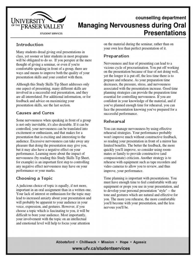 Managing Nervousness During Oral Presentations Study Skills Anxiety