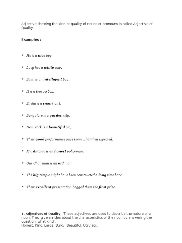 Adjective Of Quality Worksheet Pdf
