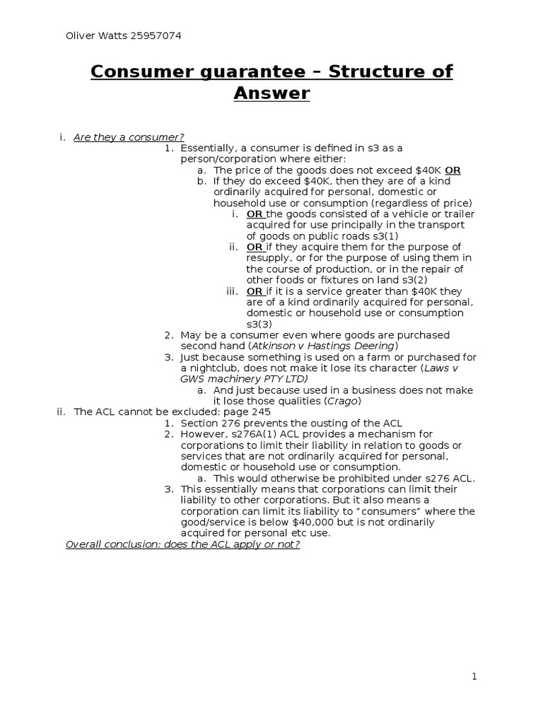 Consumer Guarantee Structure Answer PDF Contractual Term Law Of Obligations