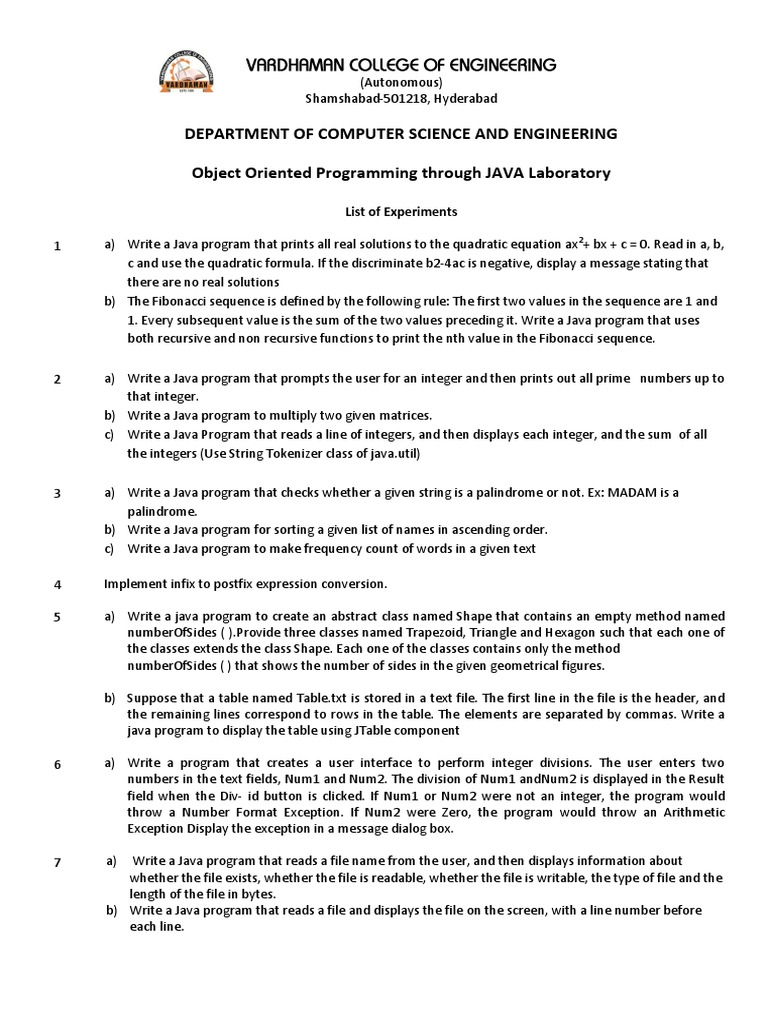 3rd Sem Autonomous OOP JAVA Lab | PDF | Computer File | Java ...