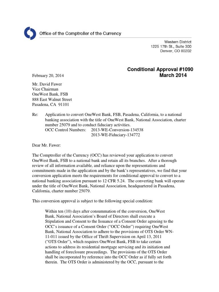 OCC OneWest Bank NA Conditional Conversion Approval 140220 One West