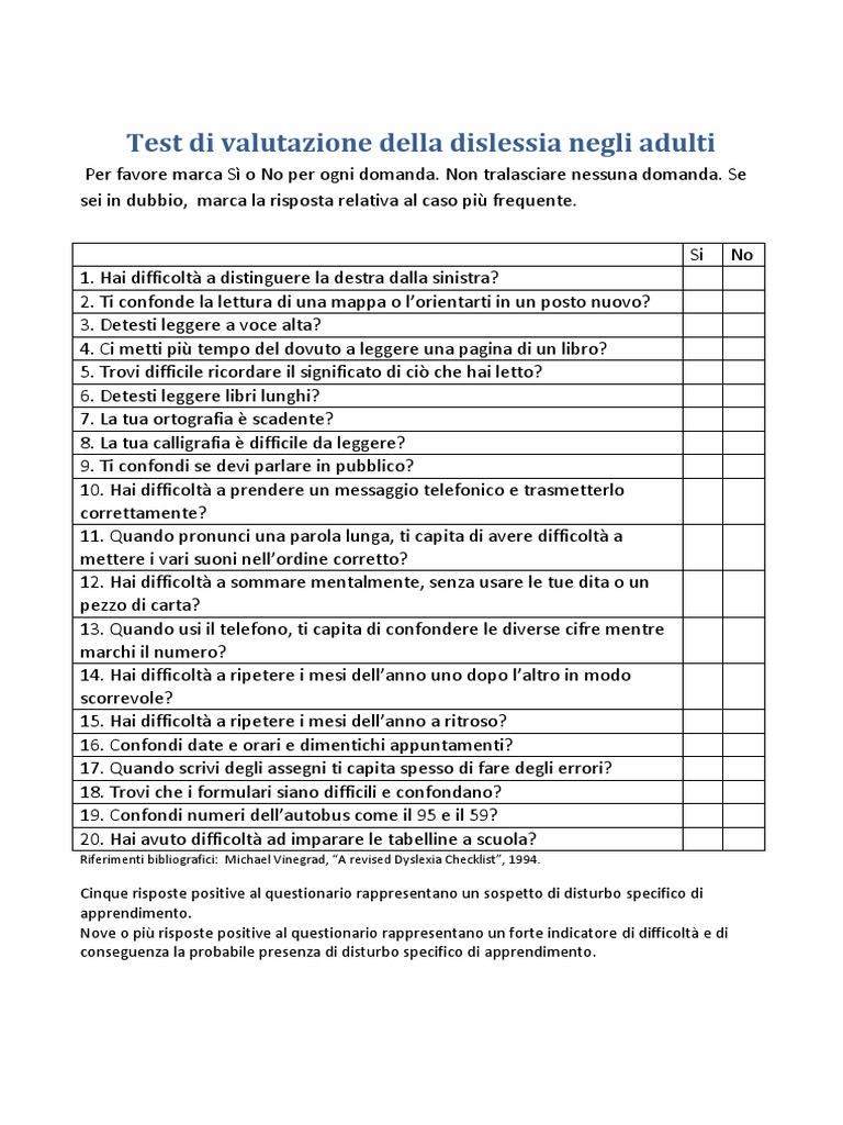 Test Di Valutazione Della Dislessia Negli Adulti PDF | PDF