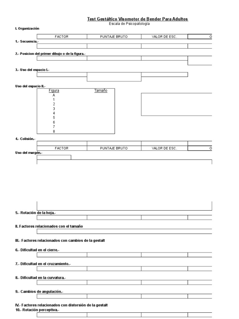 Hoja de Calificación Test Bender Adultos | PDF | Métodos y materiales ...