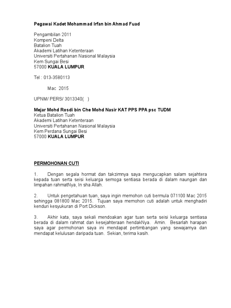 Surat Cuti Leman Kepada Boss Berbangsa Inggeris
