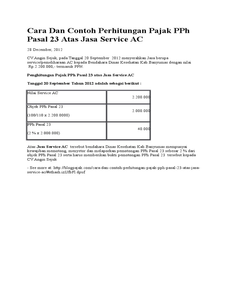 Cara Dan Contoh Perhitungan Pajak Pph Pasal 23 Atas Jasa Service Ac