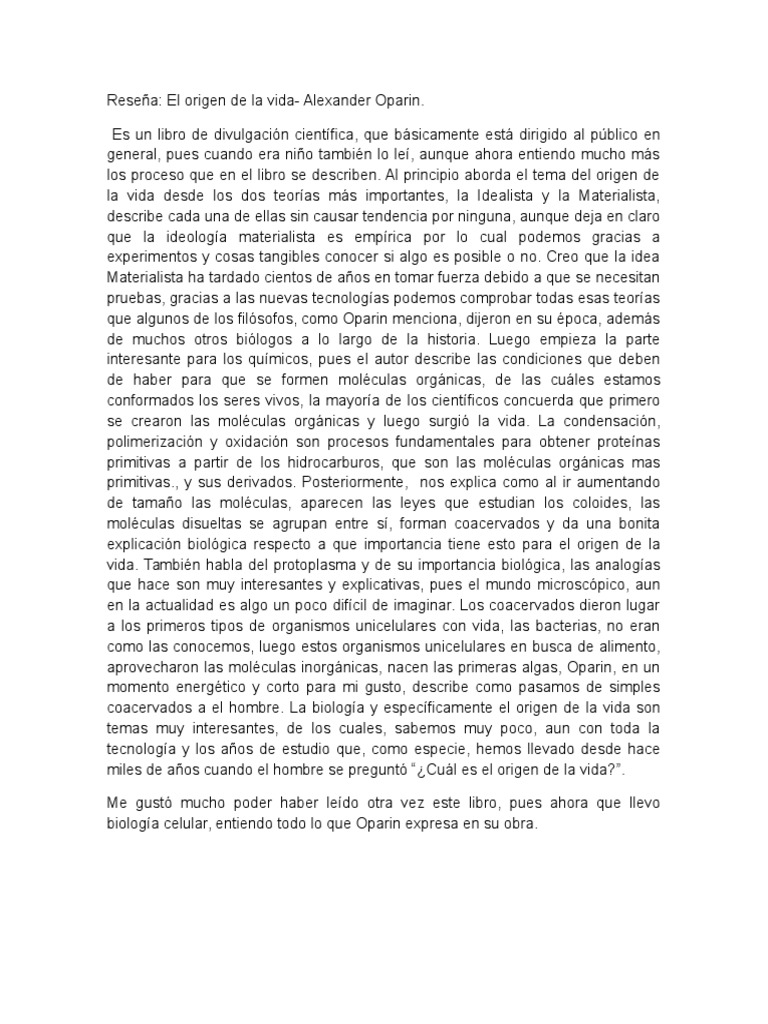 El Origen de La Vida | PDF | Abiogénesis | Vida