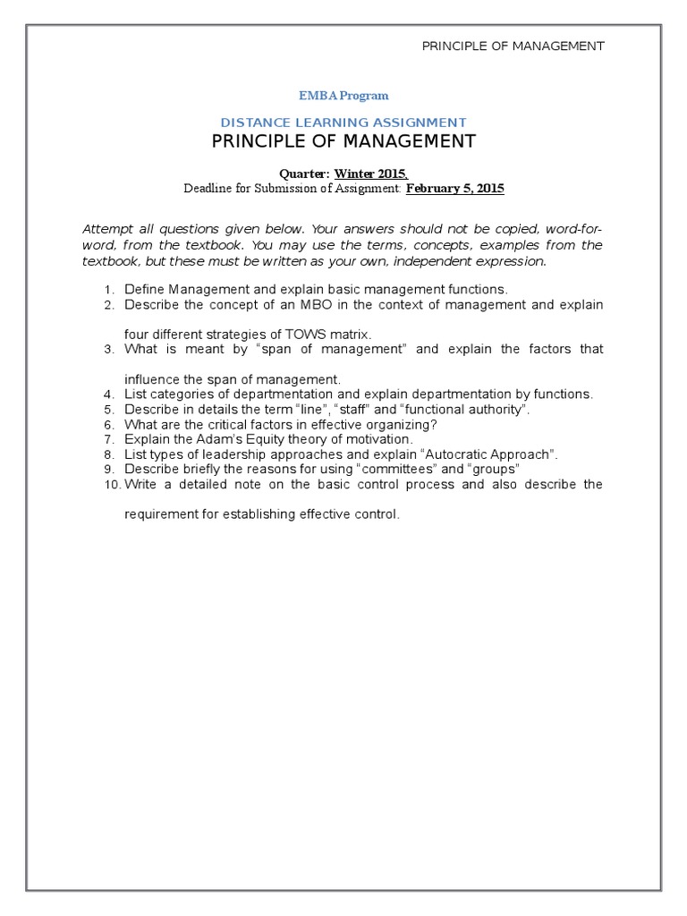 principles of management and leadership assignment