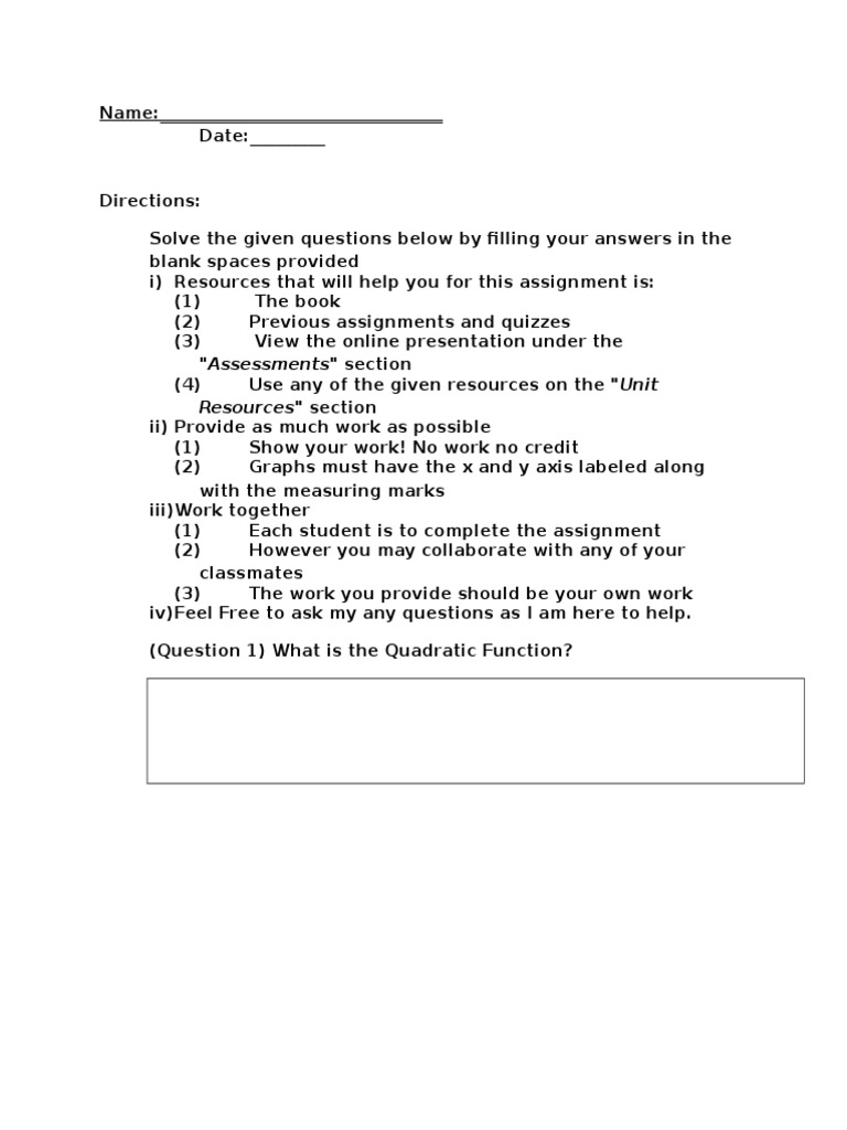 Quadratic Function Assignment Guide | PDF | Teaching Methods & Materials