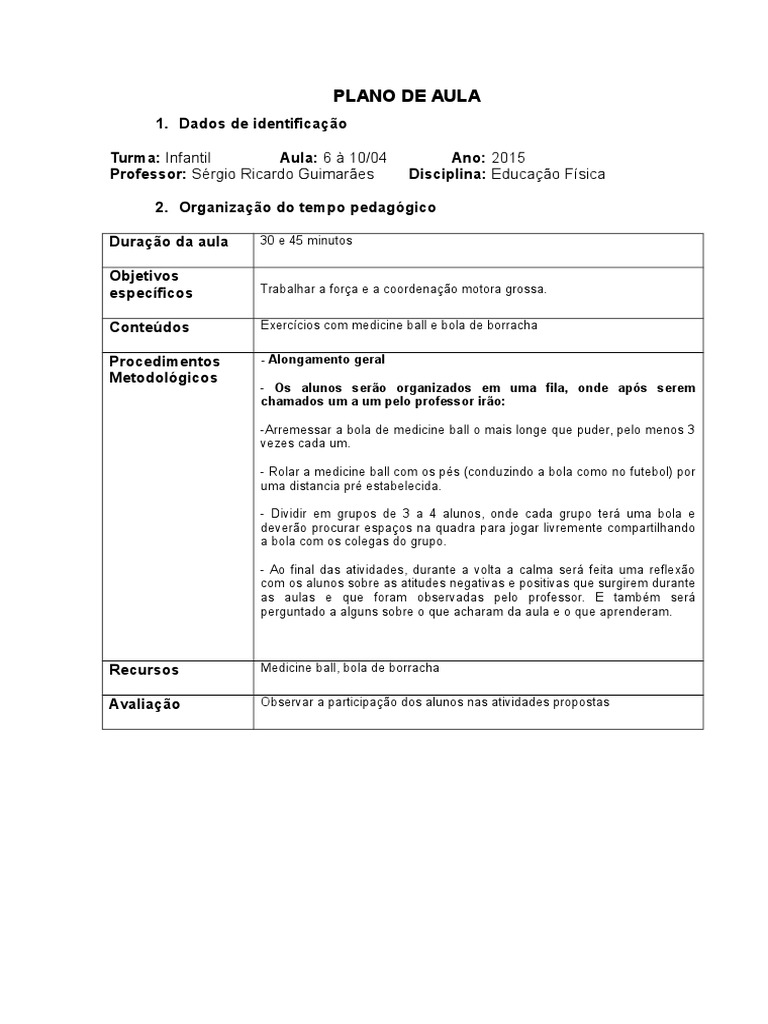 plano de aula educacao fisica educação infantil