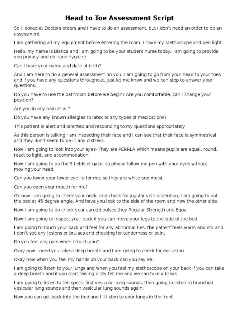 Head To Toe Assessment Script | PDF | Cardiovascular System | Clinical ...