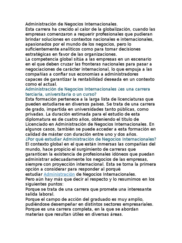 Carrera en Administración de Negocios Internacionales | PDF | Negocios ...