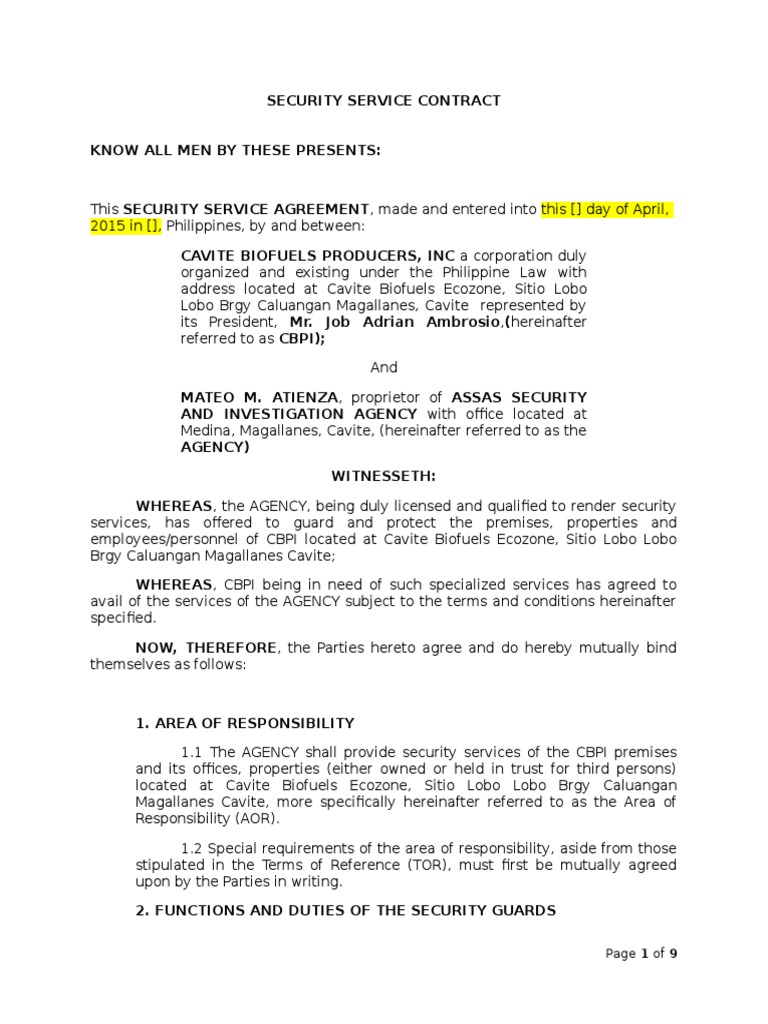 Security Service Agreement for CBPI | PDF | Security Guard | Employment